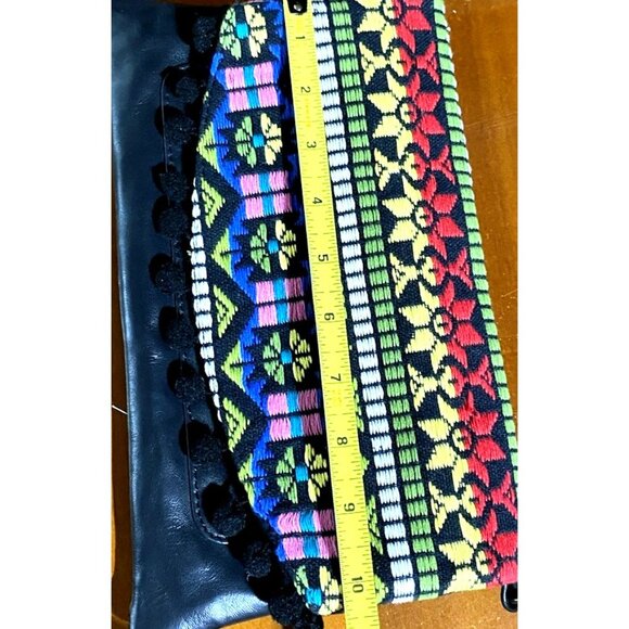Boho Embroidered Leather Crossbody Bag Womens PomPom Trim Festival Hippie Purse - Picture 7 of 11